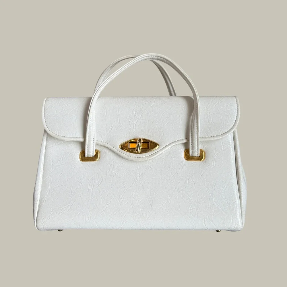 Vintage Spilene White Structured Top Handle Handbag Turn Lock Made in USA